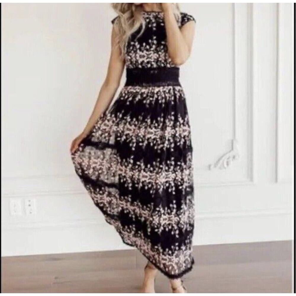 Jessakae Stella Lace Dress Black Maxi Lace Pink Floral Gown Small